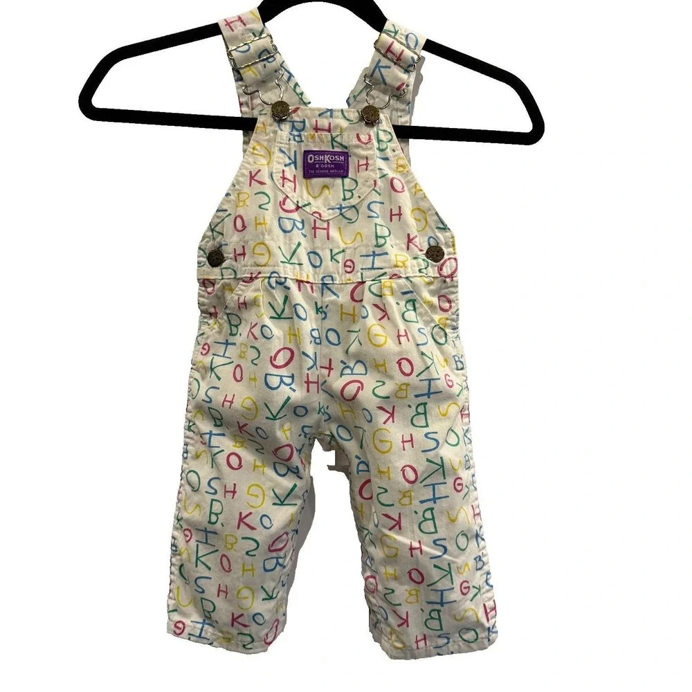 Vtg OshKosh B'gosh USA White Alphabet Print Corduroy Overalls‎ Vestbak 18 Mos